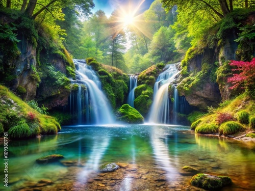 Captivating Double Exposure of Two Streams Merging into a Serene Waterfall Amidst Lush Greenery for Nature Lovers and Photography Enthusiasts
