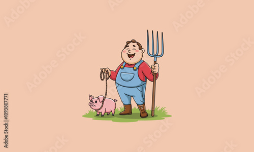 Cheerful farmer with pig and pitchfork in a field