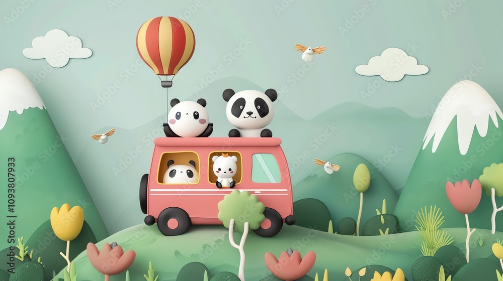 Obraz premium A cartoon scene of a pink bus with pandas going on a trip with a hot air balloon in the background.