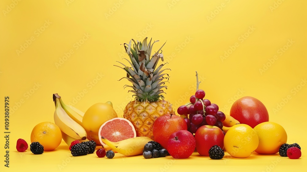 A variety of fresh fruits on a yellow background. A variety of fresh fruits on a yellow background.