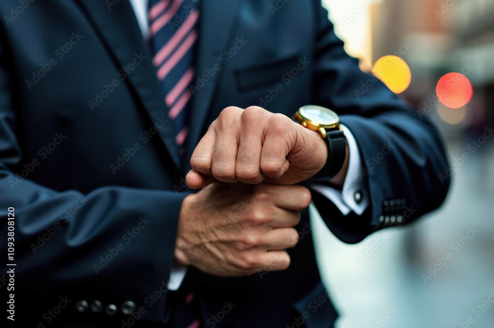 Close-up of a businessman in a suit checking the time on a gold wristwatch in a bustling city environment, illustrating punctuality and professionalism. Close-up of a businessman in a suit checking the time on a gold wristwatch in a bustling city environment, illustrating punctuality and professionalism.