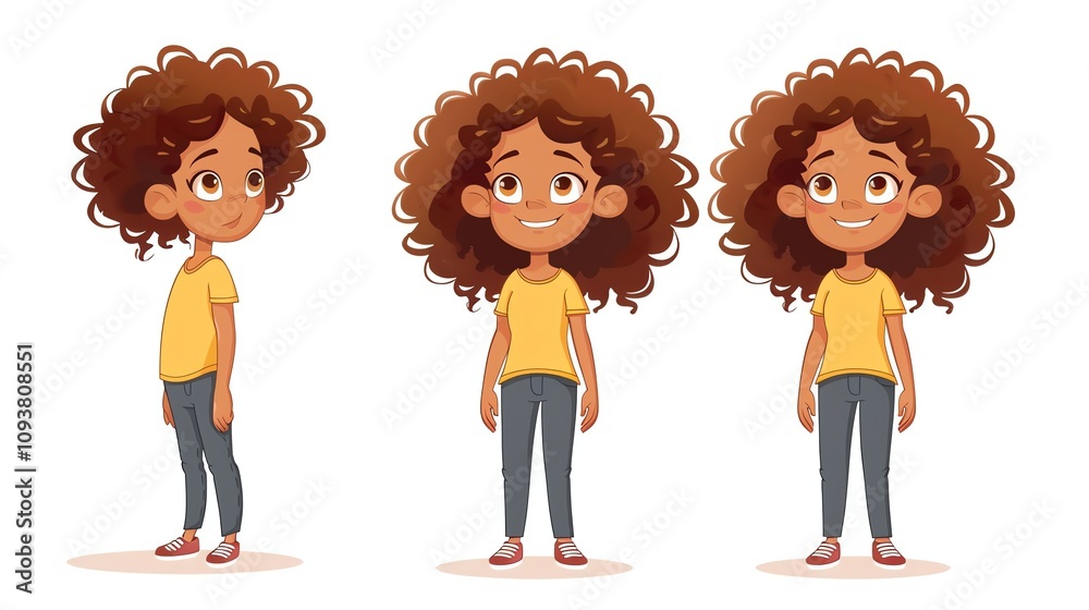 A cartoon girl with curly hair is shown in three different poses. A cartoon girl with curly hair is shown in three different poses.