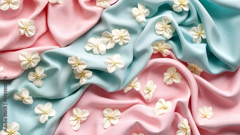 Soft fabric draping with pink and blue colors adorned with delicate white flowers Soft fabric draping with pink and blue colors adorned with delicate white flowers