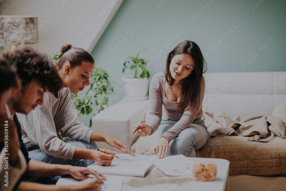 High school students collaborate on a project with their professor in a cozy home setting. They focus intently, using notes and resources to complete their school assignments after class. High school students collaborate on a project with their professor in a cozy home setting. They focus intently, using notes and resources to complete their school assignments after class.