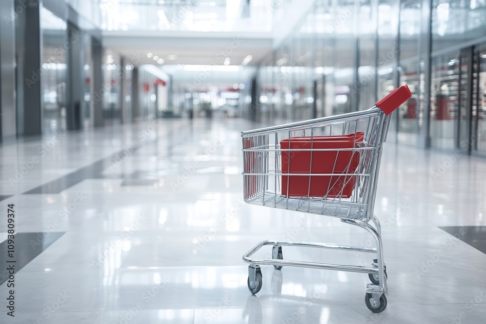 Festive Red Shopping Cart in Upscale Modern Shopping Mall Festive Red Shopping Cart in Upscale Modern Shopping Mall