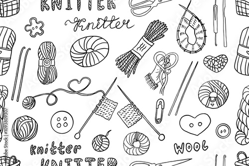 Seamless pattern of needlework in doodle style. Knitting, knitting needles, knitting needles, buttons, scissors, knitter, yarn, icon, pin, crochet hook. Hand drawn