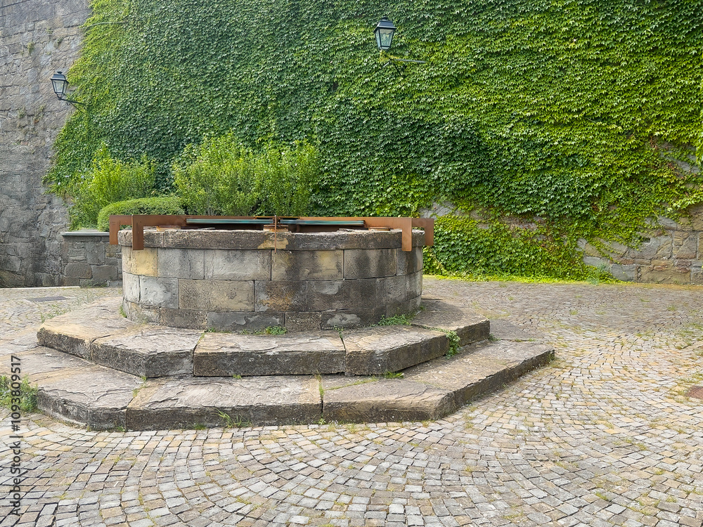 Trieste, Italy - June 27, 2024: Historic San Giusto castle. Giant water well closeup with green foliage background Trieste, Italy - June 27, 2024: Historic San Giusto castle. Giant water well closeup with green foliage background