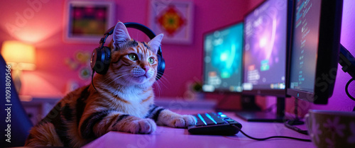 Gamer cat streams video with headset in neon room, tech-savvy