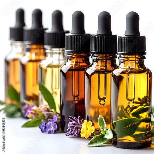 essential oil in dark bottles in spa salon closeup. health care organic medicine and skin care concept highlighted by white, cinematic, png photo