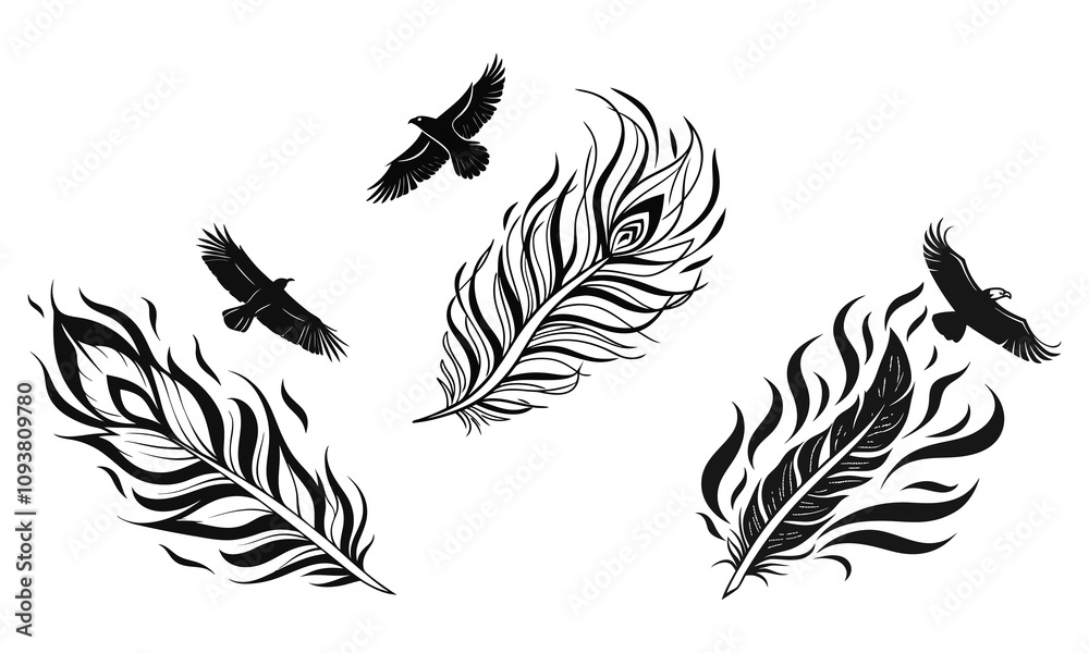 Obraz premium Stylized Flame Icons - Black and White Abstract Fire Designs with Elegant Curved Shapes and Minimalist Vector Art