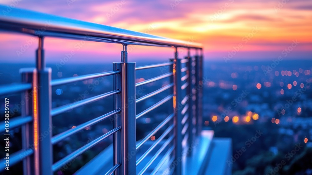 Naklejka premium Steel railing at sunset over city.