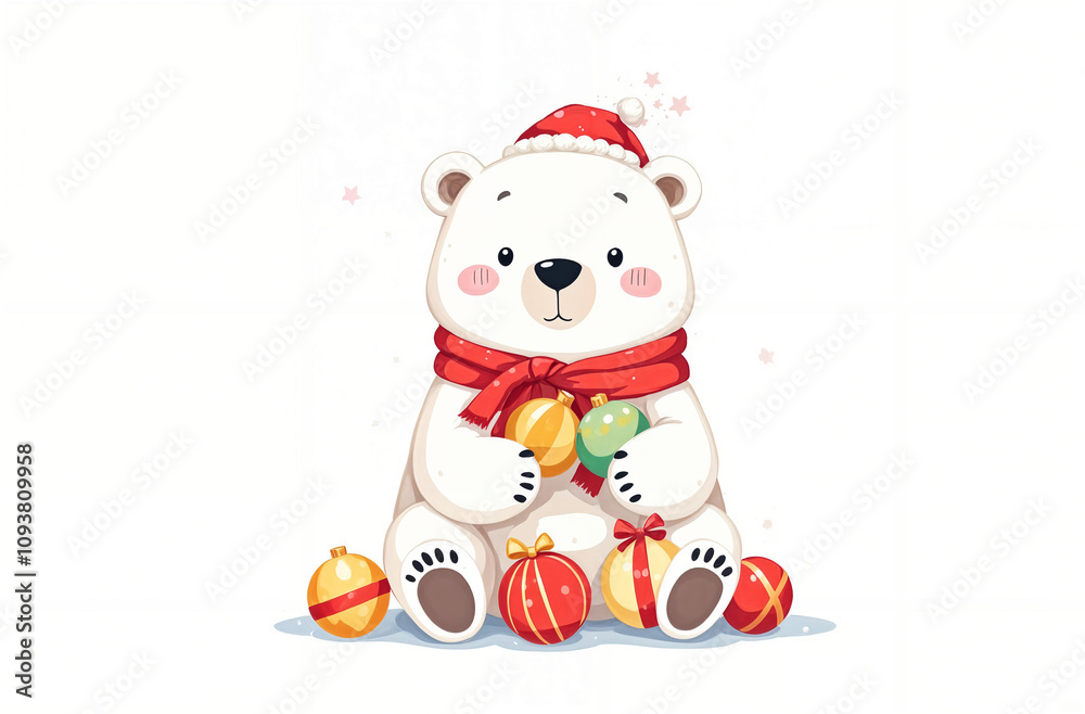 Cute white bear in a red scarf surrounded by colorful ornaments and holiday decorations during winter Cute white bear in a red scarf surrounded by colorful ornaments and holiday decorations during winter
