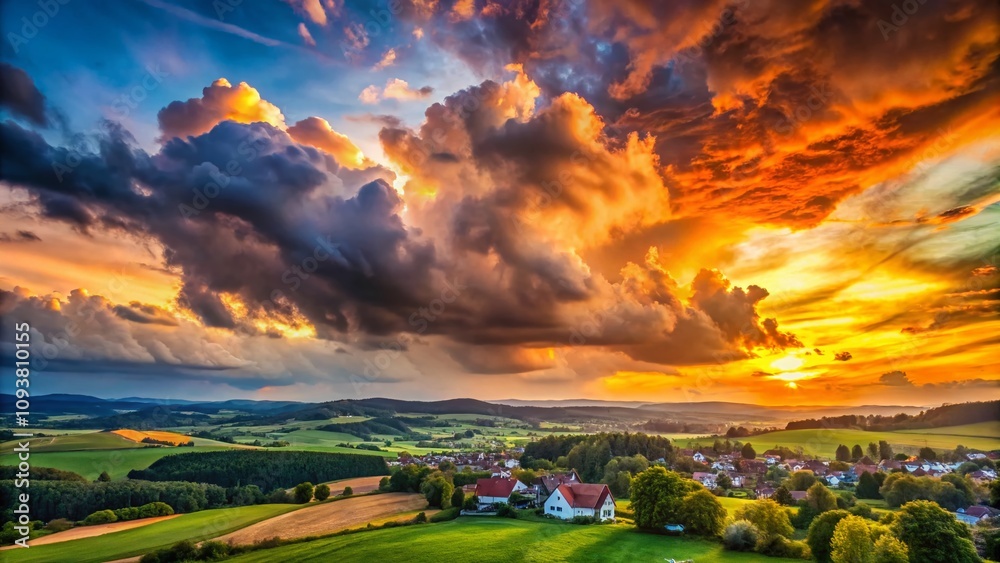 Fototapeta premium Captivating Evening Clouds Over Marbach: A Stunning Documentary Photography Perspective on Nature's Beauty at Dusk
