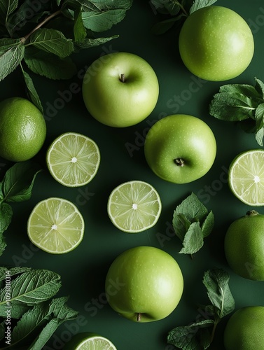 Top view of fresh green apples, juicy lime slices, and mint leaves on a rich green background, beautifully arranged photo