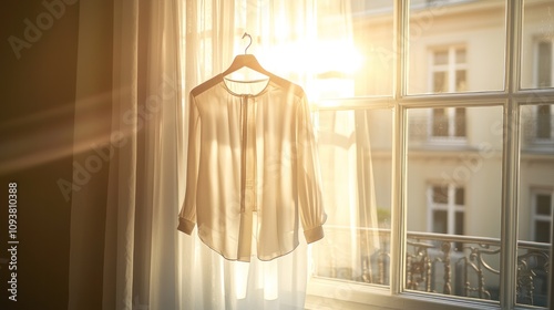 White blouse hanging on hanger near sunny window