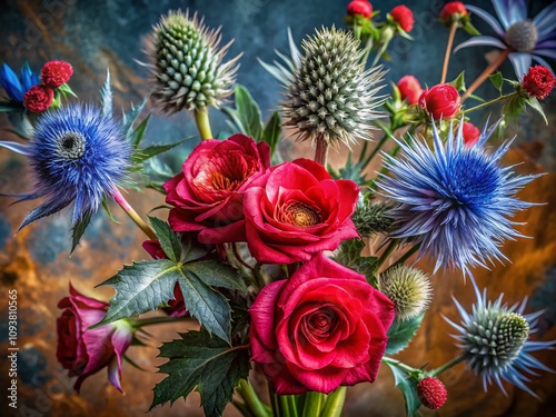 Captivating Floral Arrangement Featuring Eryngium, Cockscomb, Rose, and Carnation in a Conceptual Photography Style for Elegant Home Decor and Botanical Art Lovers