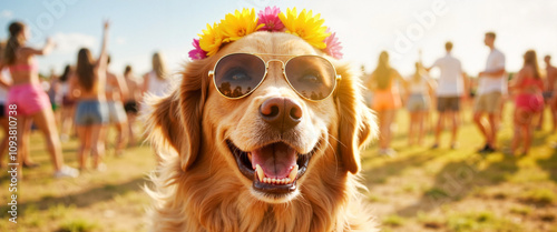 Happy dog in sunglasses at festival, youth and animal celebration
