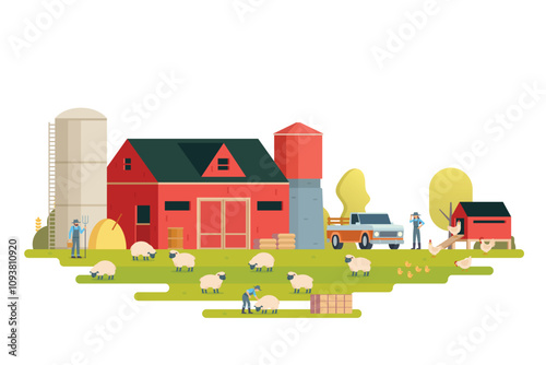 Farm scenery vector illustration on white background. Livestock animal farm landscape with farming elements.	