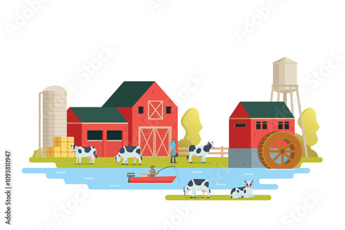 Farm scenery vector illustration on white background. Livestock animal farm landscape with farming elements.	