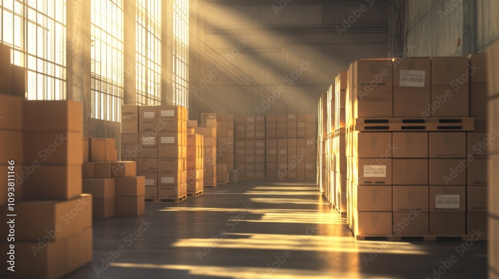 Sunlit Warehouse: Stacks of Cardboard Boxes in a Spacious Industrial Setting Sunlit Warehouse: Stacks of Cardboard Boxes in a Spacious Industrial Setting