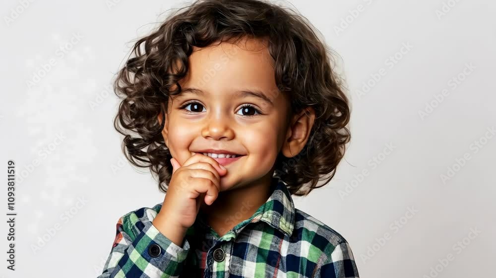 Young child with curly hair smiles playfully while posing in casual checkered shirt against a neutral background