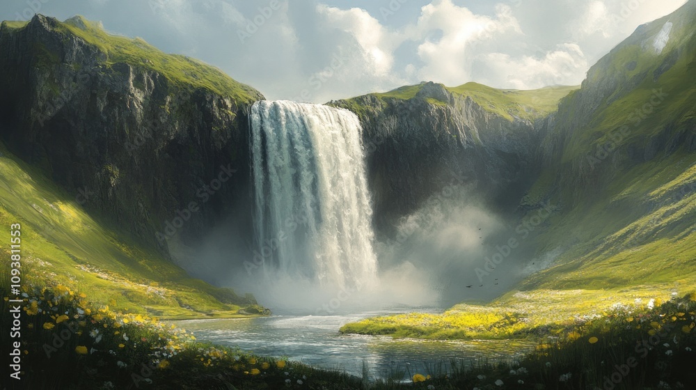 Fototapeta premium Majestic Waterfall Cascading Down Verdant Cliffs, Tranquil Scene of Nature's Grandeur