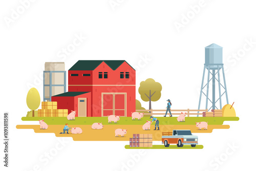 Farm scenery vector illustration on white background. Livestock animal farm landscape with farming elements.	