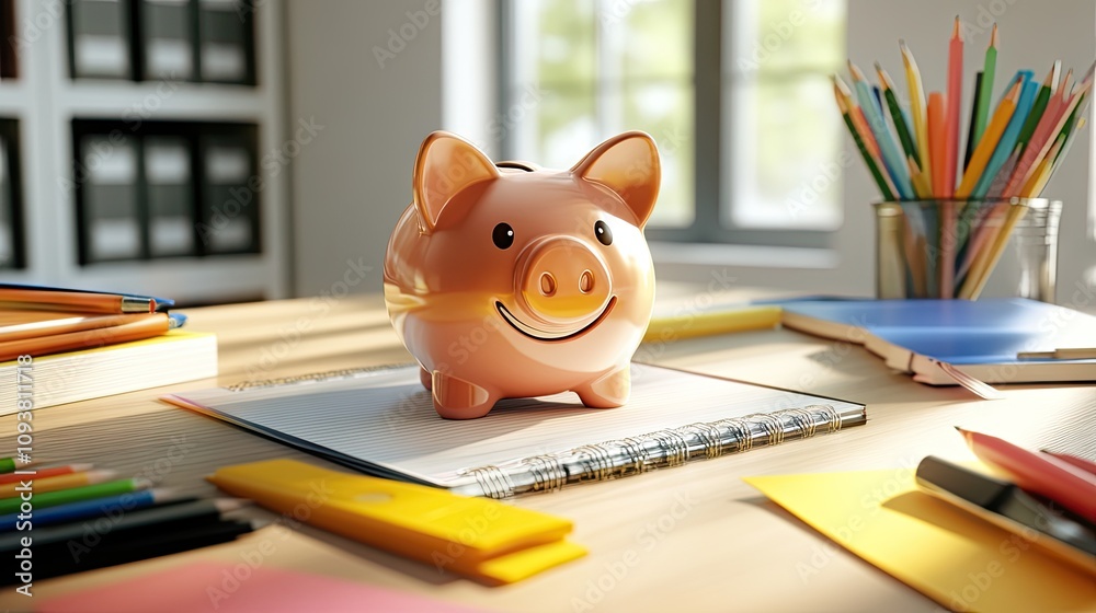 Cheerful Piggy Bank Surrounded by Bright Stationery and Notebooks on a Desk, Emphasizing Savings and Financial Learning in a Colorful Workspace Environment Cheerful Piggy Bank Surrounded by Bright Stationery and Notebooks on a Desk, Emphasizing Savings and Financial Learning in a Colorful Workspace Environment