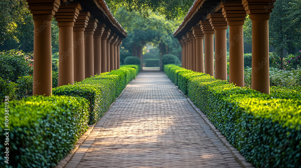 Obraz premium peaceful pathway surrounded by neatly trimmed hedges, offering a sense of calm and tranquility, evoking feelings of serenity, reflection, and quiet contemplation within a structured environment
