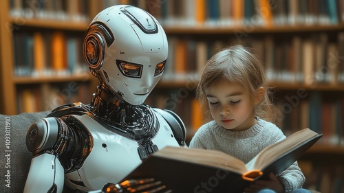 Human-robot interaction concept. Innovative AI robot tutor helping a teenage boy with homework, they are reading books together.