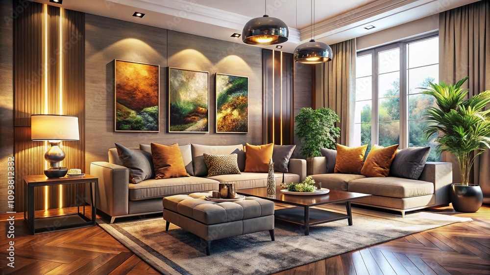 Naklejka premium Captivating Interior Design: A Cozy Modern Living Room with Elegant Furniture, Warm Lighting, and Stylish Decor that Evokes Comfort and Sophistication in a Contemporary Home Setting