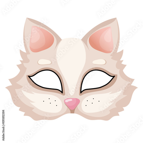 Cat animal carnival party mask. Accessory for Therian subculture, quadrobics. Festival or birthday costume accessory designed to resemble a cute kitten pet face, featuring eye holes, pink nose