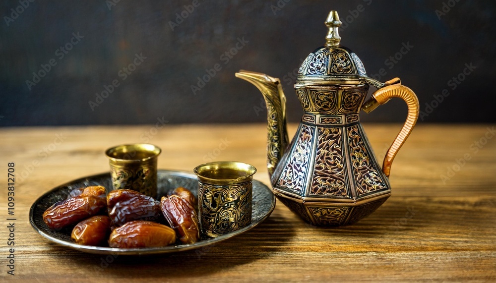 A traditional Arabic coffee set with dates on a wooden table. The set consists of a decorative coffee pot, two small cups, and a plate of dates. A traditional Arabic coffee set with dates on a wooden table. The set consists of a decorative coffee pot, two small cups, and a plate of dates.