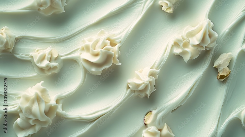 Swirled cream frosting with pistachio nuts. Swirled cream frosting with pistachio nuts.