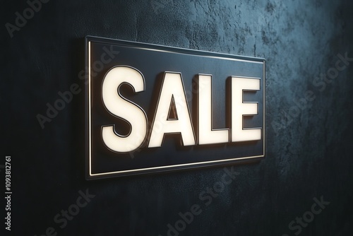 SALE in glowing white letters on a matte black board, minimalistic style suitable for any promotional material, promotional materials, retail signs, marketing campaigns photo