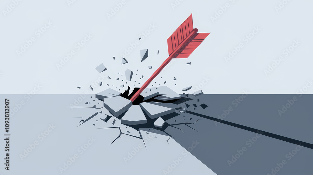 A striking red arrow pierces through a broken surface, symbolizing determination and breakthrough. The minimalist design emphasizes strength and focus. A striking red arrow pierces through a broken surface, symbolizing determination and breakthrough. The minimalist design emphasizes strength and focus.