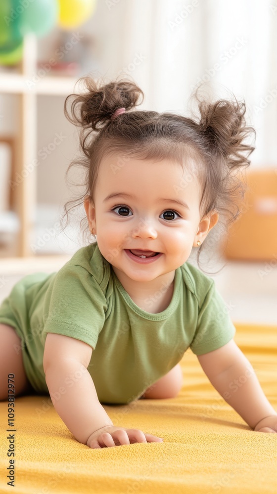 Latina Baby Focused on Crawling on a Vibrant Rug Surrounded by a Cheerful Playroom Setting Latina Baby Focused on Crawling on a Vibrant Rug Surrounded by a Cheerful Playroom Setting