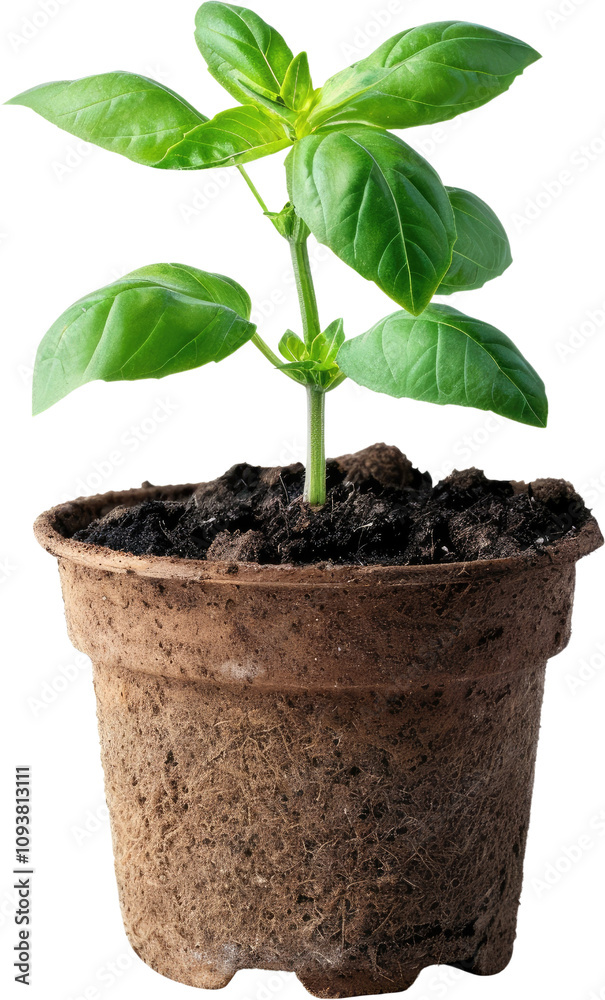 Young Basil Plant in a Pot, isolated on transparent background Young Basil Plant in a Pot, isolated on transparent background