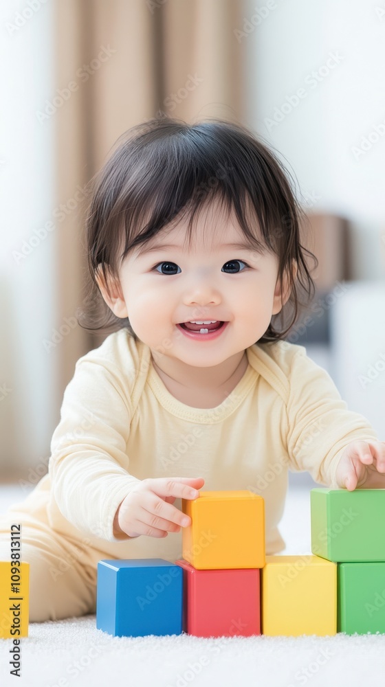 East Asian Baby Joyfully Builds With Colorful Blocks on a Bright Playroom Floor East Asian Baby Joyfully Builds With Colorful Blocks on a Bright Playroom Floor
