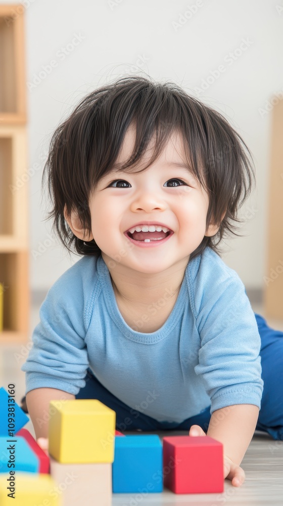Bright Smiles and Colorful Blocks Create Joyful Playtime for a Happy East Asian Baby Bright Smiles and Colorful Blocks Create Joyful Playtime for a Happy East Asian Baby
