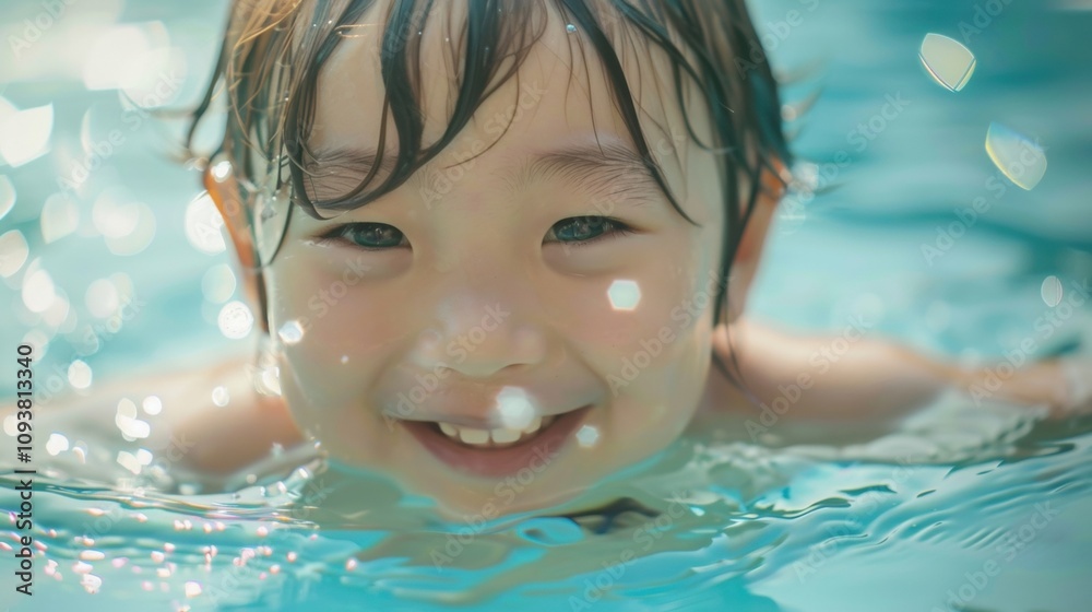 Soft focus on a childs joyful face as they learn to swim. Soft focus on a childs joyful face as they learn to swim.