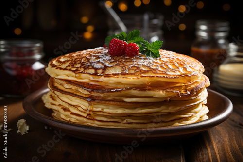 Stack of thin Russian homemade yeast pancakes,   photo