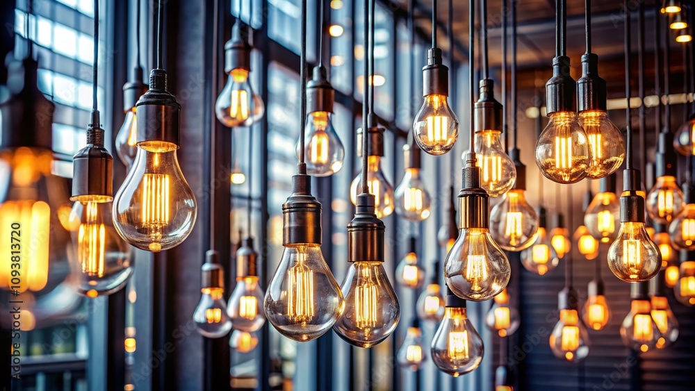 Naklejka premium Captivating Long Exposure of an Artistic Collection of Hanging Light Bulbs Illuminating a Contemporary Space in a Generative AI Design Concept