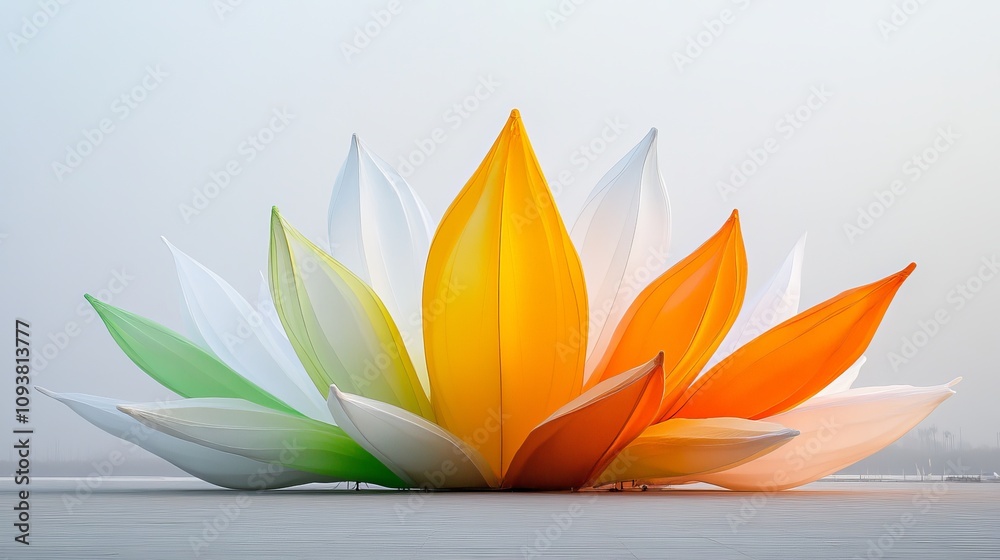 A giant lotus-inspired structure in the colors of the Indian flag, symbolizing peace and unity. A giant lotus-inspired structure in the colors of the Indian flag, symbolizing peace and unity.