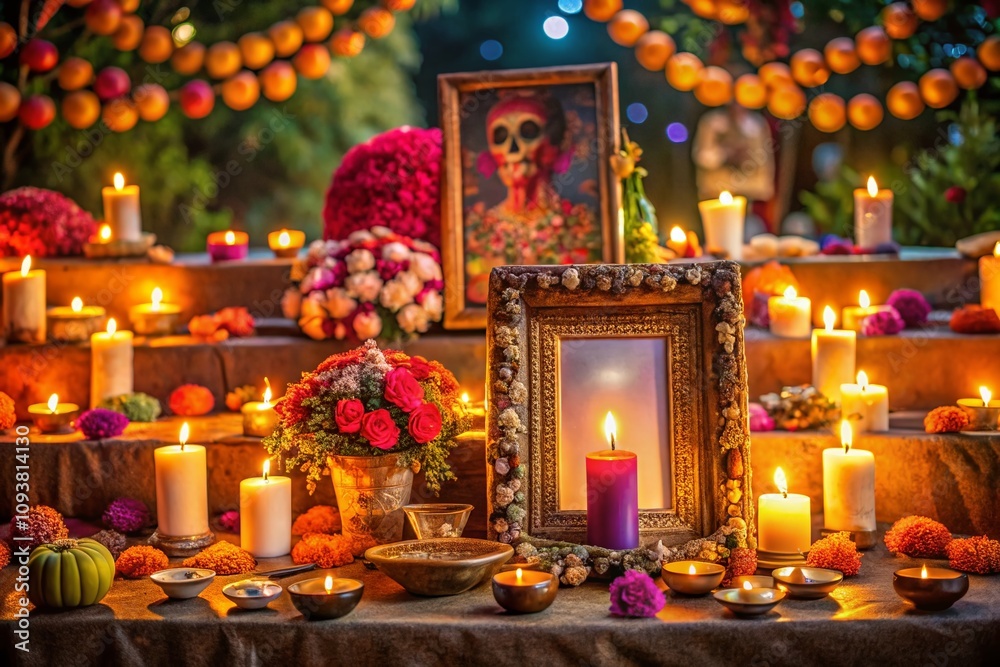 Captivating Long Exposure of Day of the Dead Celebration Featuring an Empty Frame Surrounded by Colorful Sugar Skulls and Flickering Candles for a Hauntingly Beautiful Scene Captivating Long Exposure of Day of the Dead Celebration Featuring an Empty Frame Surrounded by Colorful Sugar Skulls and Flickering Candles for a Hauntingly Beautiful Scene