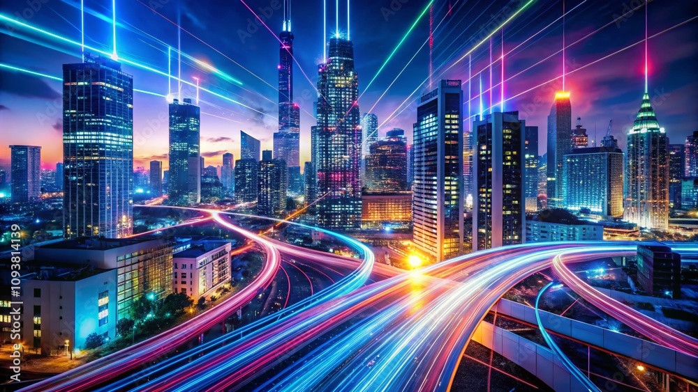 Fototapeta premium Captivating Long Exposure of Futuristic Technology and Data Visualization with Neon Lights and Digital Streams, Showcasing Innovation and Connectivity in a Dynamic Urban Environment