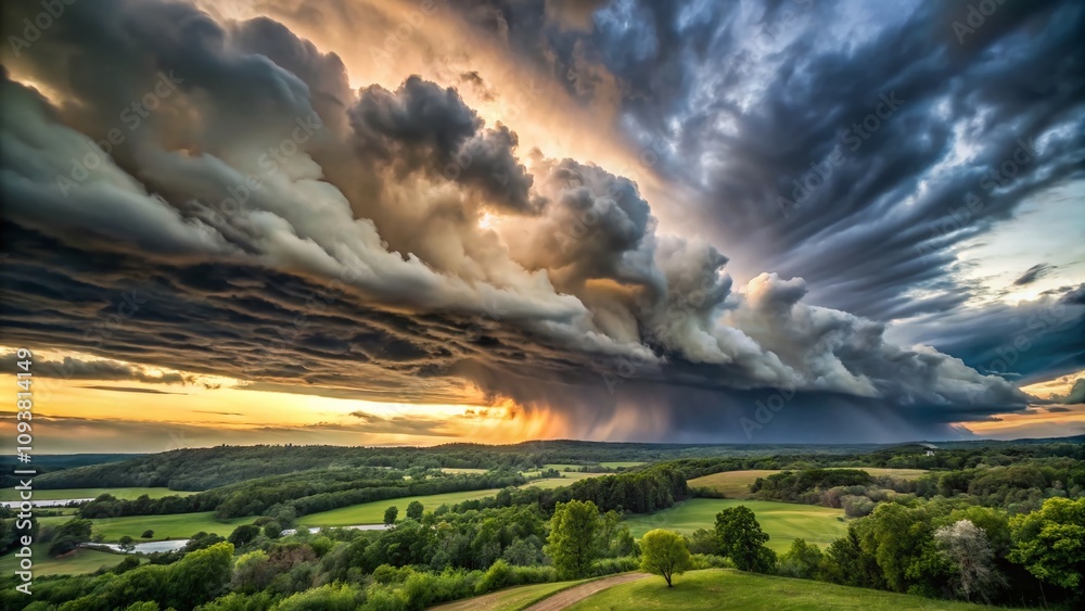 Captivating Long Exposure of Gathering Thunderstorm Clouds Dramatically Darkening the Sky Over a Serene Landscape with Trees and Rolling Hills in the Distance Captivating Long Exposure of Gathering Thunderstorm Clouds Dramatically Darkening the Sky Over a Serene Landscape with Trees and Rolling Hills in the Distance
