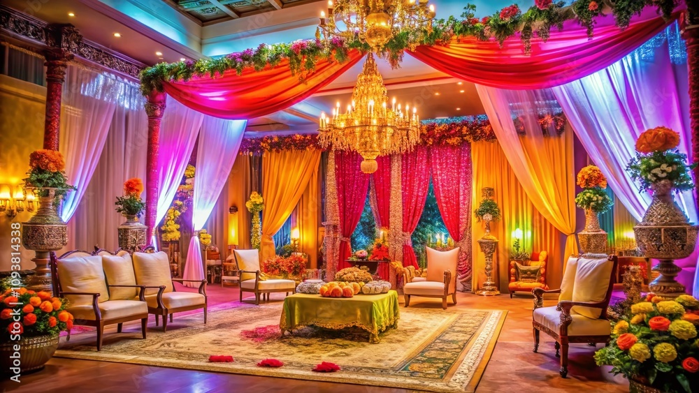 Captivating Long Exposure of Indian Wedding Event Interiors with Stunning Decorations and Lighting, Showcasing Rich Cultural Elements and Vibrant Colors for Stock Photography Captivating Long Exposure of Indian Wedding Event Interiors with Stunning Decorations and Lighting, Showcasing Rich Cultural Elements and Vibrant Colors for Stock Photography