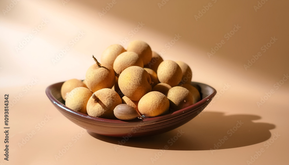 Fresh Longan fruit in a bowl on Pastel light brown background Fresh Longan fruit in a bowl on Pastel light brown background