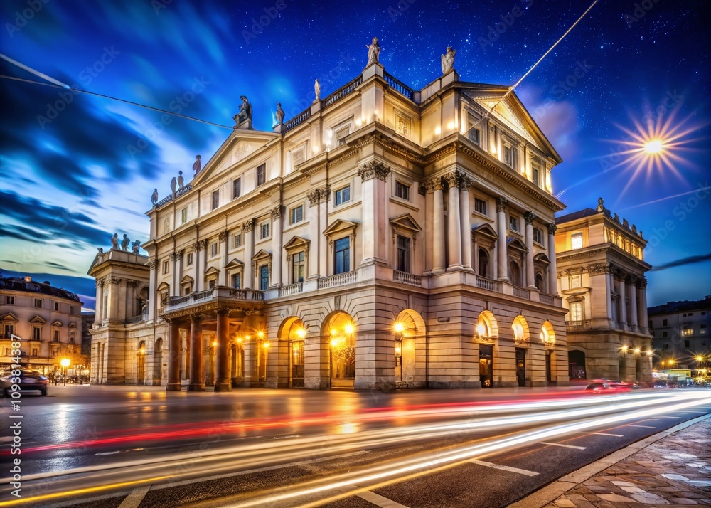 Naklejka premium Captivating Long Exposure of Scala Theater in Milan at Night with Illuminated Facade and Starry Sky, Showcasing Architectural Beauty and Urban Night Vibes